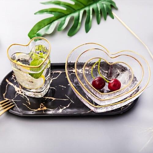 New Creative Drawing Gold Crystal Glass Peach Heart Bowl Fruit Salad Bowl Birds Nest Dessert Bowl Peach Heart Cup Set