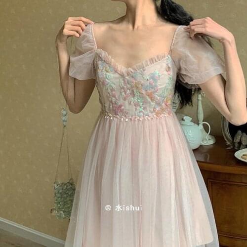 Summer New Palace Retro Princess Dress Short Sleeve Sweet Girl Pink Mesh Dress Super Fairy Embroidery Dress