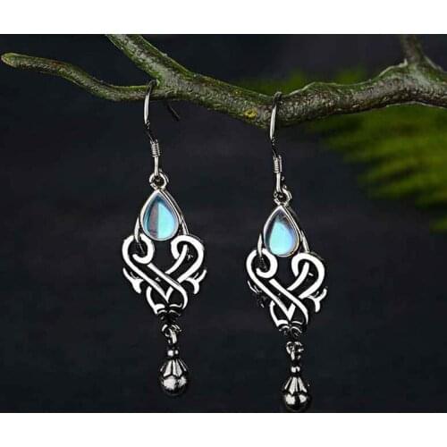 2019 New Retro Moonstone Drop Dangle Hanging Earrings for Women Copper Ear hollowed-out Jewelry Boho Accessories