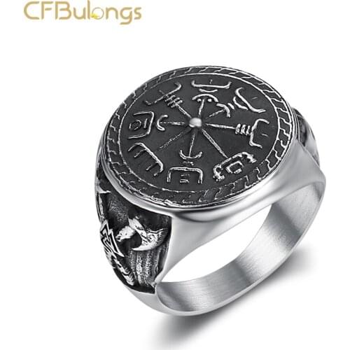 CFBulongs New 316L Stainless Steel Nordic Religious Stamp Amulet Rune Mens Ring Scandinavian Character Fashion Jewelry