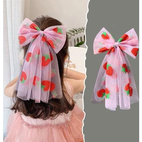 New Girls Beautiful Chiffon Bow Print Flower Strawberry Hairpins Headband Kids Sweet Hair Decorate Clip Fashion Hair Accessories