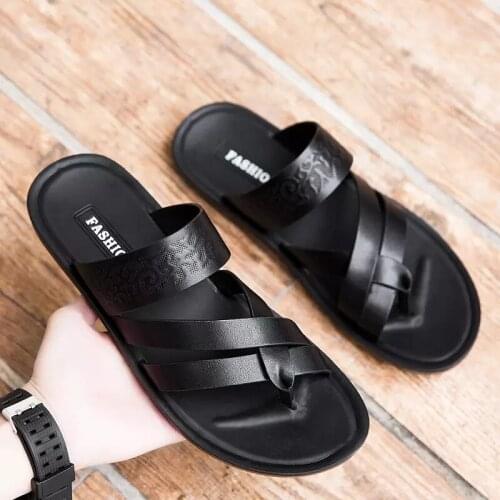 Summer Mens Sandals Clip Toe Leather Casual Shoes Fashion Anti Slip Comfortable Beach Shoes Slippers Black Size 38-44