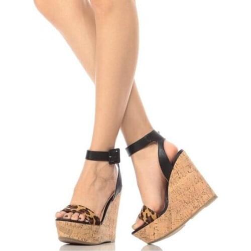 Sexy Leopard Wedge Sandals 2020 Summer Ankle Strap Wedge Shoes Peep Toe High Platform Cut-out Gladiator Sandals Shoes Big Size