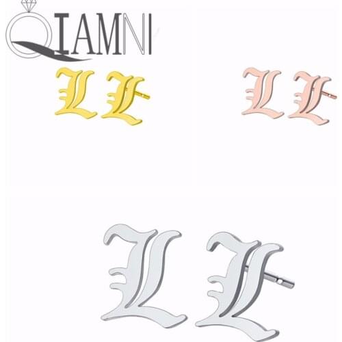 QIAMNI Capital L Alphabet Font Letter Stud Earrings for Women Men Hypoallergenic Old English Initial Earring Birthday Gift