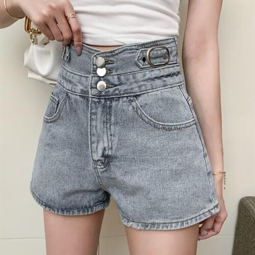 High Waist Summer Denim Shorts Harajuku Metal Buckle Korean Female Short Pocket Blue Womens Knickers A-Line Loose Pant Hot Sale