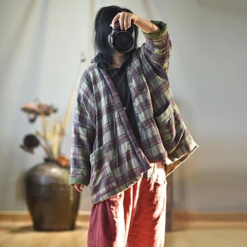 Women Cotton Linen Plaid Parkas Padded Coat Outerwear Ladies Vintage Plaid Coat Female 2020 Autumn Parkas Coat