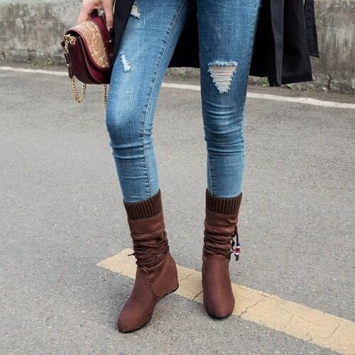 Wedges Womens Boots 2021 Winter Warm High Heel Shoes Rome Style Retro Mid-calf Boots Women Casual Botas Round Toe New Shoe