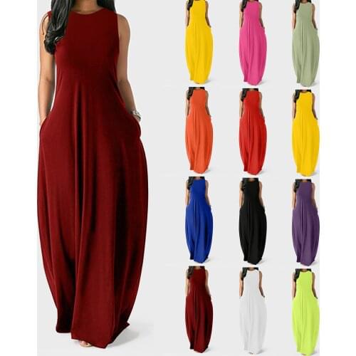 2021 Summer Dress Women Plus Size Fashion Solid Color Sleeveless Loose Vest Long Dress Sexy V-Neck Pockets Loose Vestidos платье