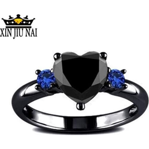 Punk Trendy Vintage Black gold Black Gold Color Love Heart Charm Finger Ring For Women Blue Black Crystal Wedding party Ring