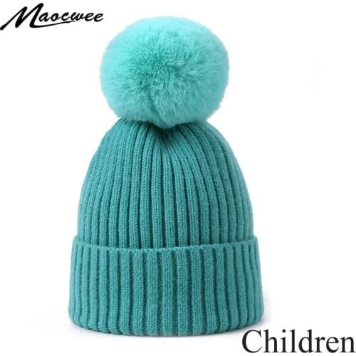 Winter Pompom Hat Knitted For Children Unisex Solid Color Kids Warm Thick Crochet Slouch Hat Baby Cap For Girls Boys Beanies