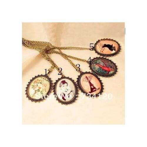 2021 HOT Vintage Jewelry Oval Audrey Hepburn Eiffel Tower Peacock Rabbit Flower Charm Pendant Necklaces