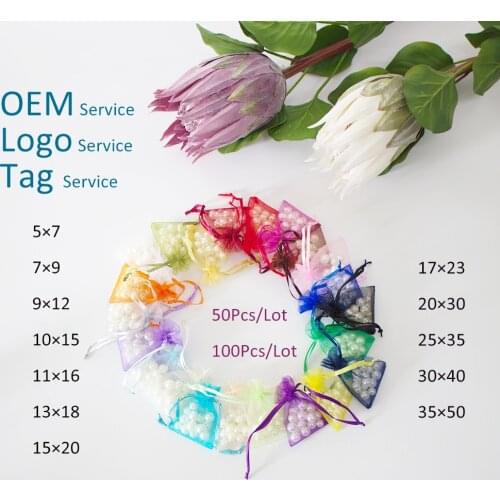 5×7 7×9 9×12 10×15 50Pcs Organza Bag For Wedding Gift Jewelry Packing Organza Pouch Drawstring Bag Can Customized Logo