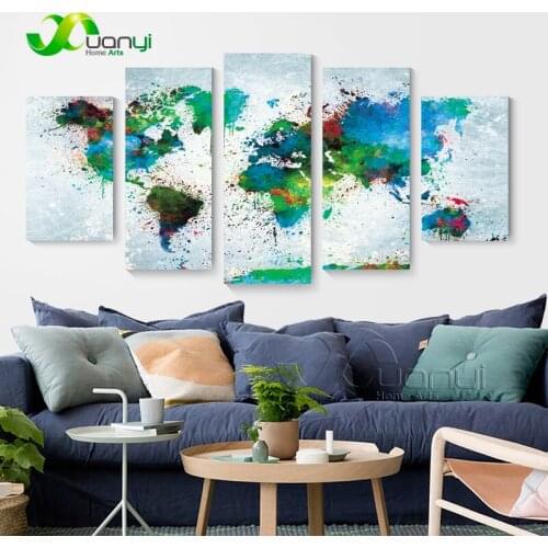 5 Panel Modern Watercolor World Map Canvas Painting Wall Art Decoraction Prints On Canvas Home Pictures For Living Room Unframed
