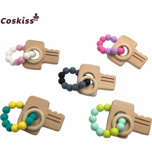 5pcs Baby Bracelets Beech Wood Key Nursing Accessories Wooden Teether Baby Shower Gifts Chew Silicone Beads Bracelets