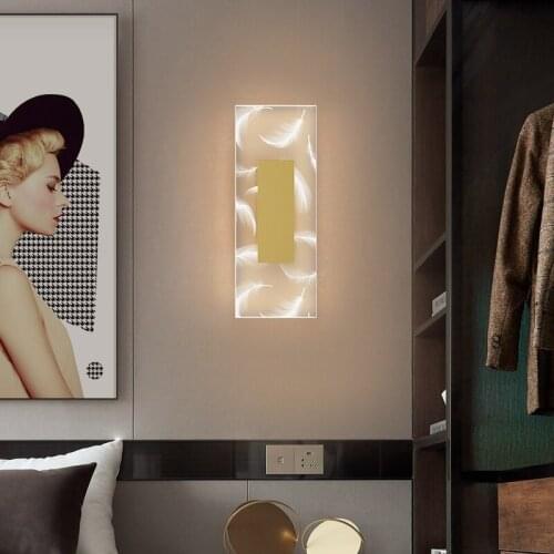 Nordic Luster Gold Gray Feather Acrylic LED Wall Lamp for Bedroom Living Dining Room Bedside Aisle Kitchen Indoor Decor Light
