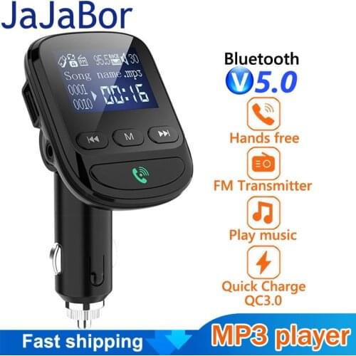 JaJaBor Bluetooth Car Kit Handsfree Wireless FM Transmitter AUX Audio Car MP3 Player 1.4 inch Large Screen QC3.0 Quick Charge