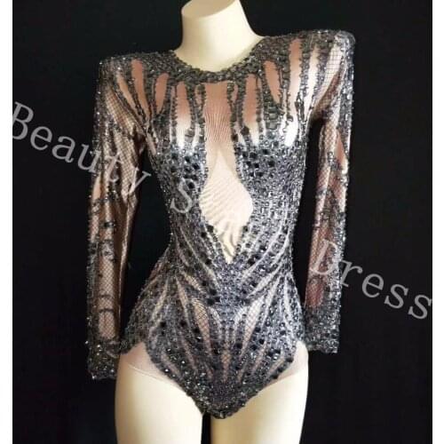 Sparkly Black Crystals Nude Bodysuit Performance Outfit Costume Party Celebrate Glisten Rhinestones Stretch Leotard Stage Wear