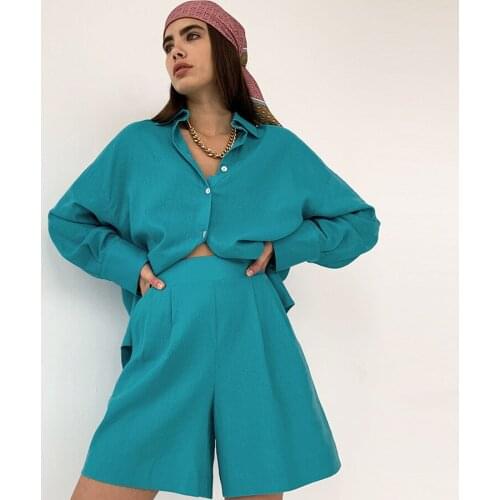 BoozRey 2021 Womens Summer Shorts Sets Women Fashion Loose Single-breasted Long Shirt Shorts Long-sleeved Tops and Pants Suit