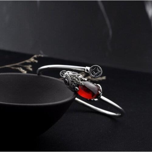 Pure Silver Sterling 925 Silver Garnet Pixiu Lucky Open Size Bangle S925 Jewelry (YRT)
