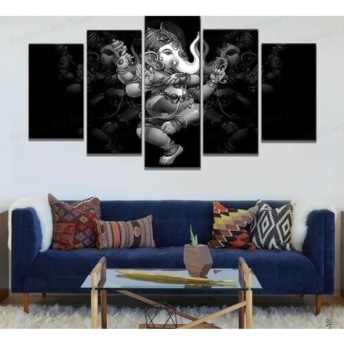 Home Decor HD Frame Poster Painting Wall Art Modern 5 Panel Hindu God Ganesha Elephant Living Room Printed Canvas Pictures