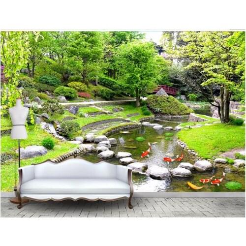 Photo Wallpaper Living Room Wallpaper 3D Painting Original 3D Beautiful Green Park Landscape Small River Water Koi Lotus Leaf