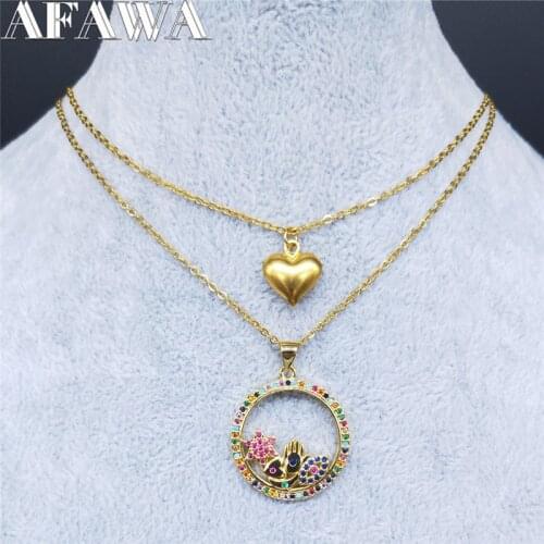 Stainless Steel Shell Multicolor Zircon Copper Layered Necklace Gold Color Islam Hamsa hand Necklace Jewelry collares N67S01
