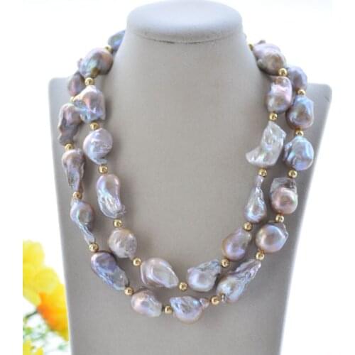 P7466 40" 33mm Lavender Baroque Keshi Pearl Golden Bead Necklace