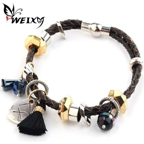 WEIXY Braided Rope Bracelet Women Bracelets Bohemian Crystal Alloy Pendant Rope Tassel Strand Bracelets Female Girls Gift