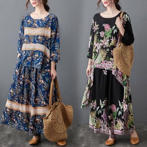 Plus Size Women Two Piece Set Clothing Indie Folk Floral Oversize Elegant Lady Tops Shirt Linen Loose Pants Summer 2021