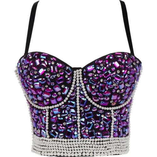 Retro Rhinestone Tops Glitter Corset with Crystals 2021 Women Purple Bustier Sexy Sleeveless Crop Top for Party Club