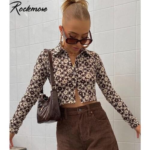 Rockmoer Fashion Graphic Printed Blouse Women Streetwear Long Sleeve Cardigan Buttons Womens Shirt Cropped Top Blouses Clothes