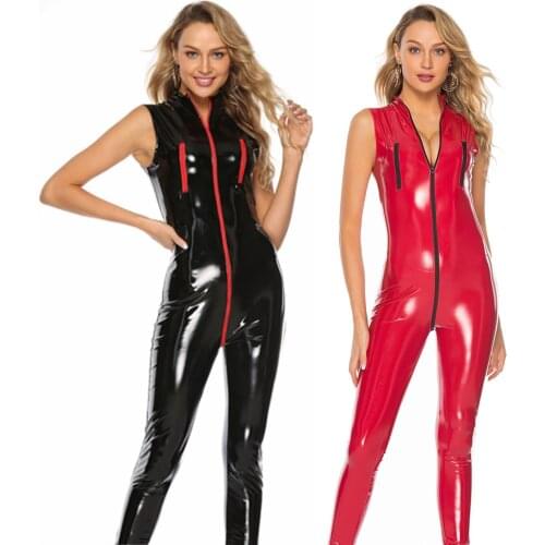 Sexy Wetlook Faux Leather Catsuit PVC Latex Bodysuit Front Zipper Open Crotch Sleeveless Jumpsuit Plus Size 4XL Bodycon Clubwear