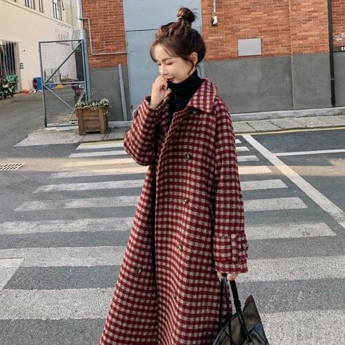 Plaid Wool Plush Coat Womens Mid Long 2021 Windbreaker Winter New Korean Loose Thickened Popular Woolen Coat Womens Wear