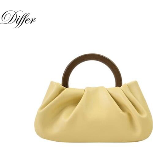 Simple Wood Handle Hobos Tote Mini Women Soft Handbag Crossbody Bag Ins Trend Pleated Bag for Women 2021 New Luxury Ruched Purse