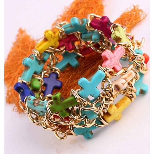SUNYIK Handmade Howlite Stone Cross Beads Elastic Bracelet Bangle for Women Chic Jewerly Gift