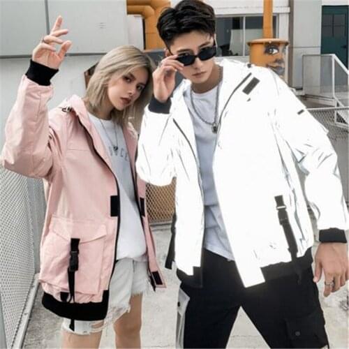 Reflective caogo jacket men night glow grey full reflective jackets coat men and women loose hip hop windbreaker chaqueta hombre