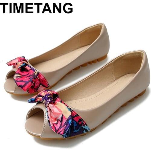 TIMETANGSummer Peep Toe Shoes PULeather Women Flats Large Size41 42 43Ladies FlatShoes Sweet Print BowtieFlats For Teenage Girls