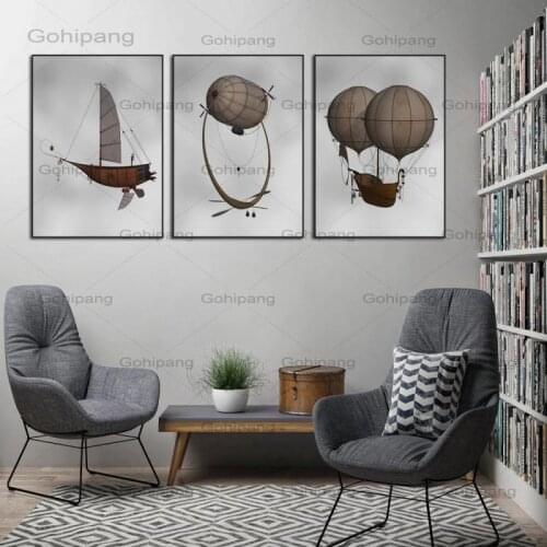 Vintage Hot Air Balloon Canvas Poster Retro Steampunk Airship Modern Style Canvas Painting Print Wall Artwork Picture Home Decor