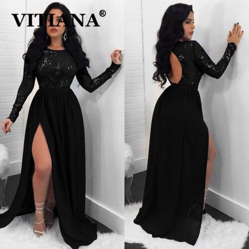 VITIANA Women Mesh Sexy Party Dress Female Long Sleeve Clubwear O-Neck Sequined Long Dresses Femme Red Backless Vestidos
