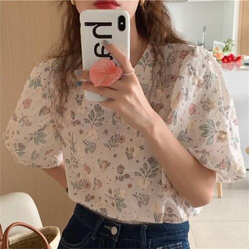 Alien Kitty Vintage Embroidery Girls Elegant All Match 2021 Summer Chic Retro OL Florals Lady Prom Puff Sleeves Shirts Tops