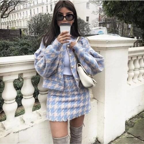 Vintage Sweet Women Pearl Button Check Gingham Plaid Blazer A line Mini Short Skirts Long Sleeve Suits 2 Pieces Set MT129