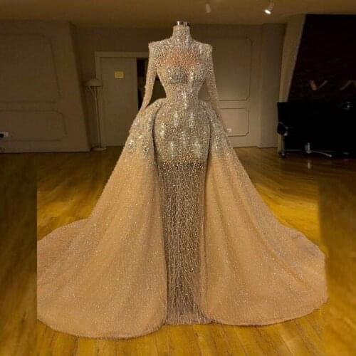 Champagne Full Beading Evening Gowns Dubai Sheer Long Sleeves Detachable Train Prom Dresses Robe De Soiree Custom Made