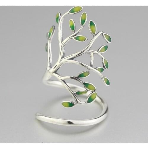 925 Sterling Silver Handcrafted Green Leaves Pure Silver Opening Ring Simple Fashion Opening Life Tree Ladys Accessories