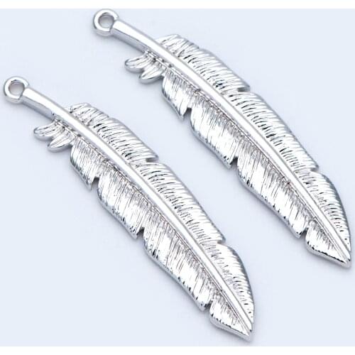 10pcs Feather Pendants 37x8mm, Rhodium plated Brass Feather Charms, Lead Nickel Free, For Jewelry DIY Findings (GB-813-2)