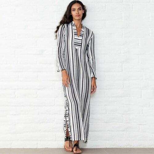 100% Cotton Swimwear Cover-ups Casual Striped V-neck Batwing Sleeve Summer Dress Women Beachwear Kaftan Swimsuit Cover Up Q955