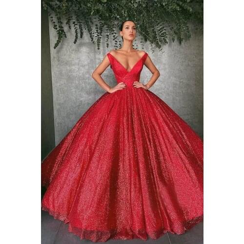 2021 Off shoulder Ball Gown Glittery Evening Dress Long Sleeveless Deep V Neck Formal Party Gowns Robe De Soiree