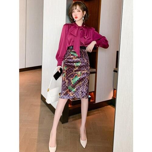 Velvet vintage print High-waisted straight slim split one-step skirt womens winter new High Quality