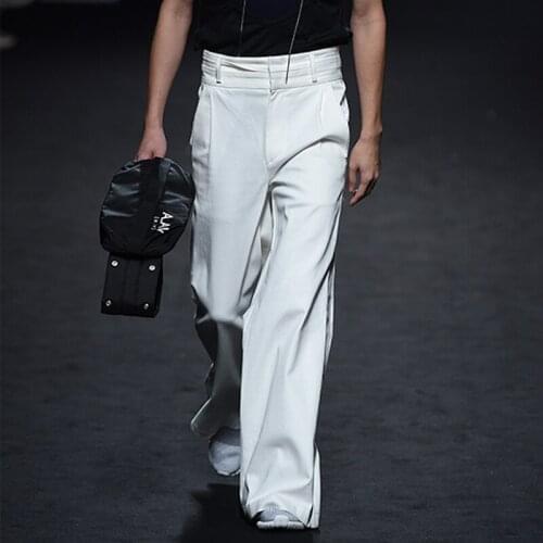 Chic Mens Loose High Waist Full Length Casual Pants Oversize 95% Cotton Black White Navy Customize