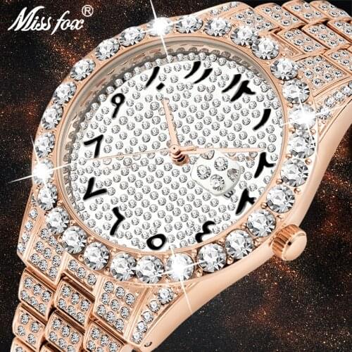MISSFOX Dropshipping Arabic Numerals Diamond Watch Men Rose Gold Luxury Brand Watch 3Atm Japan Movt FF Unique Men Wrist Watch