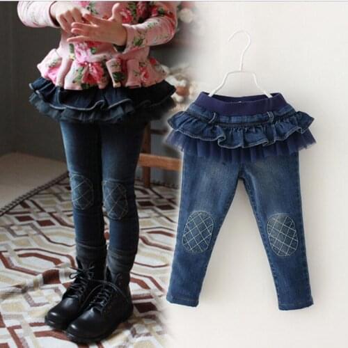 Baby Girls Spring/Autumn Jeans Toddler Girl Denim Patchwork Net Yarn Pants Kids Lotus Leaf Skirt Style Pants Kid Girl Leggings